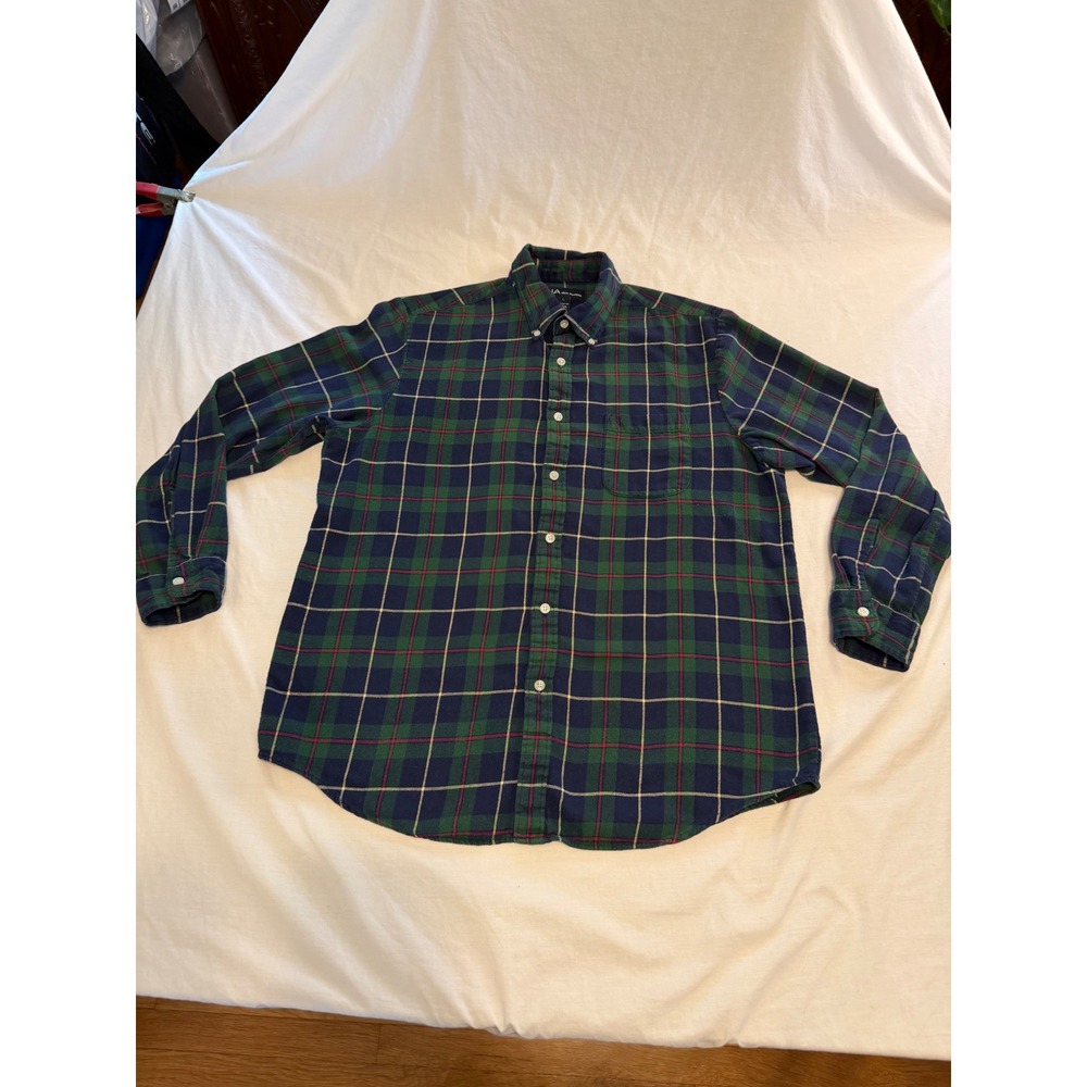 John Ashford Mens Large Green Navy Plaid Flannel Button Down Shirt Cotton FA15